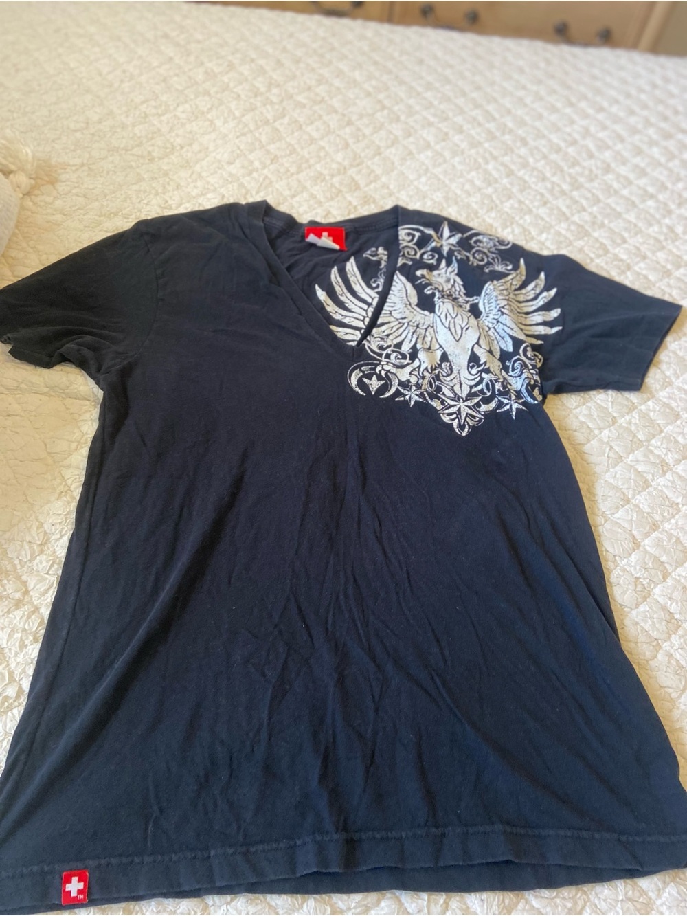 Andrew Christian Black V-Neck Tee with White Crest Wing Graphic